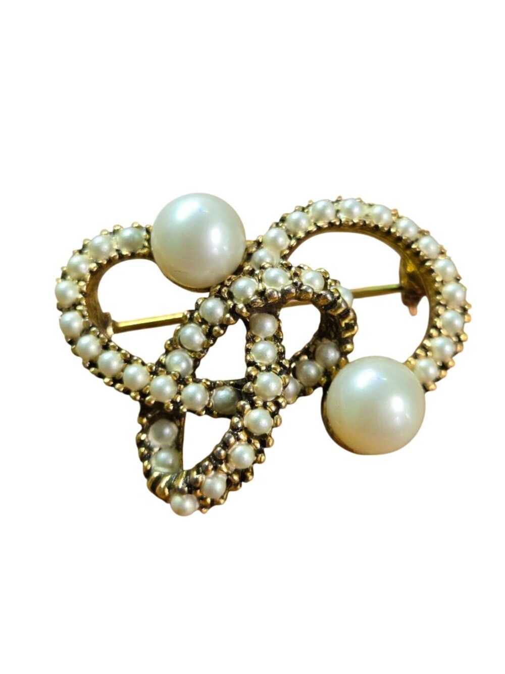 Vintage Mid Century Goldtone Freeform Knot Faux Pearl Brooch 1960s